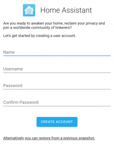 Home Assistant first install page